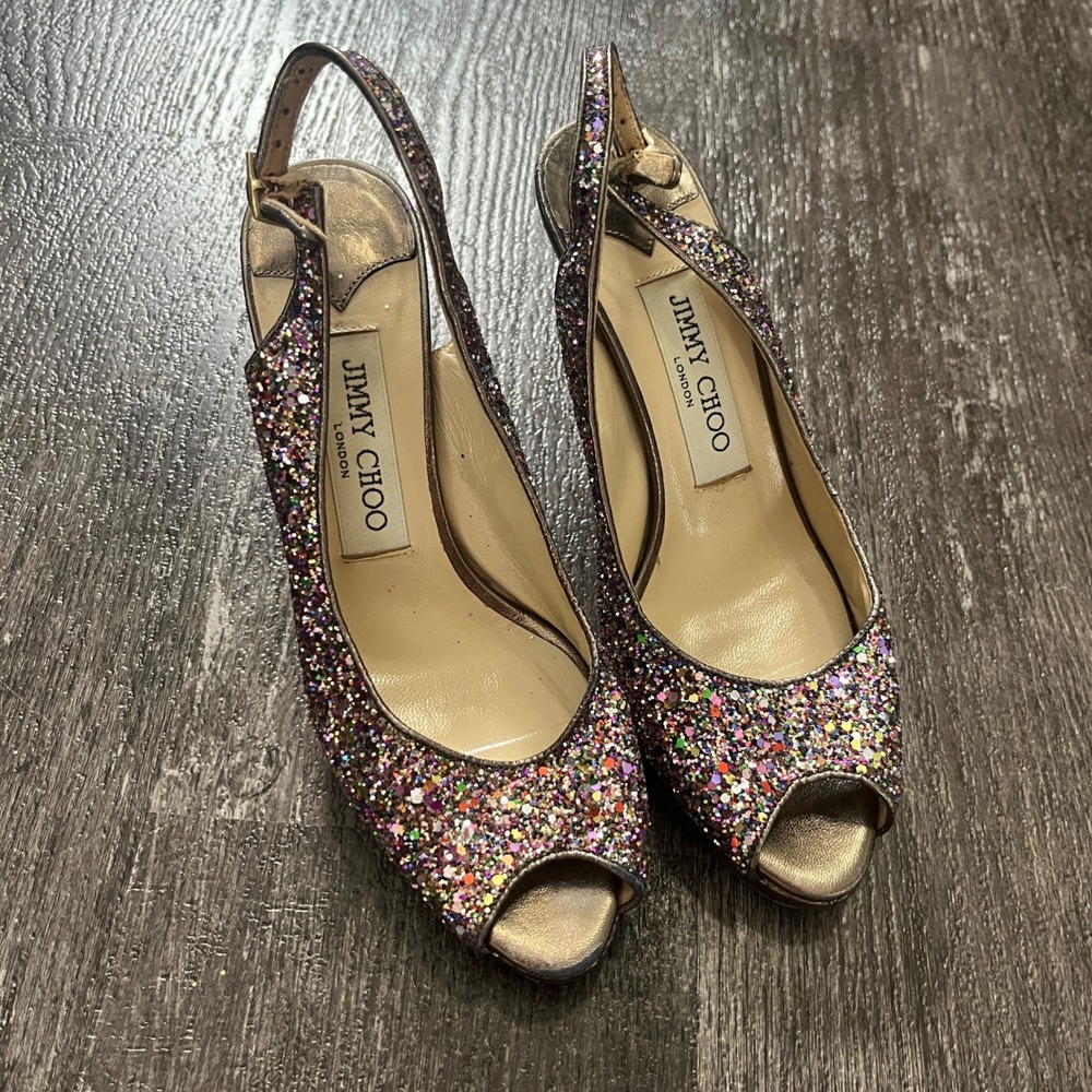 Jimmy Choo Glitter Peep Toe Slingback Heels Shoes Women's Size 35 / US 5
